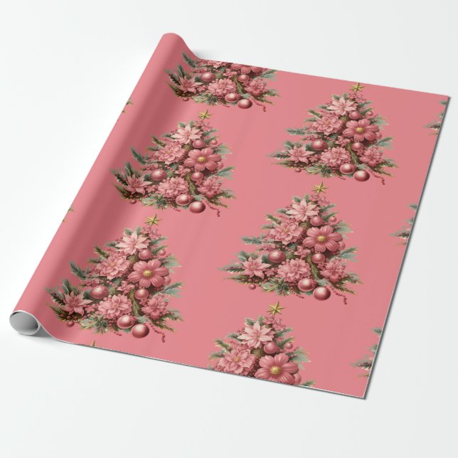Julens Helgdag Rosa Julgran Gift Wrap Presentpapper (Utrullad)
