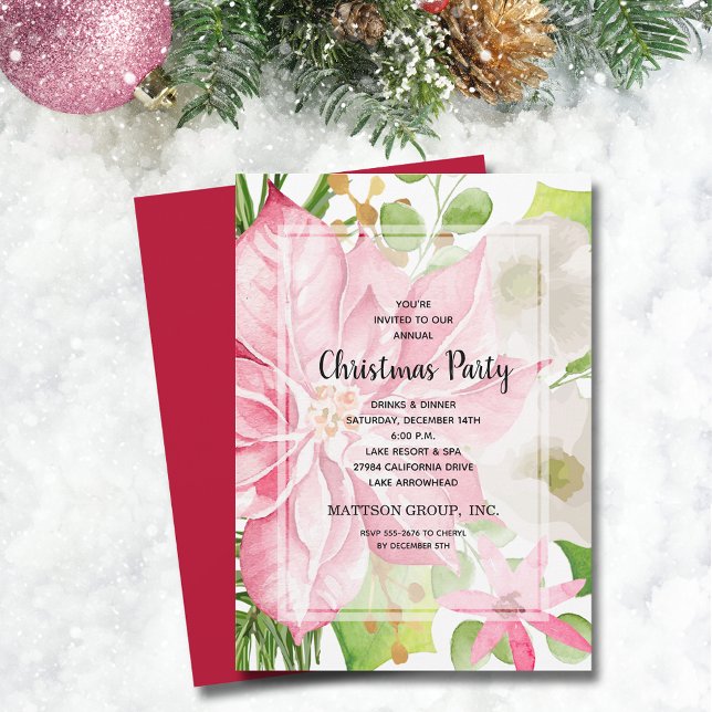 Julens Helgdag Rosa Poinsettia Blommigt Inbjudningar (Christmas Holiday Pink Poinsettia Floral Invitations)