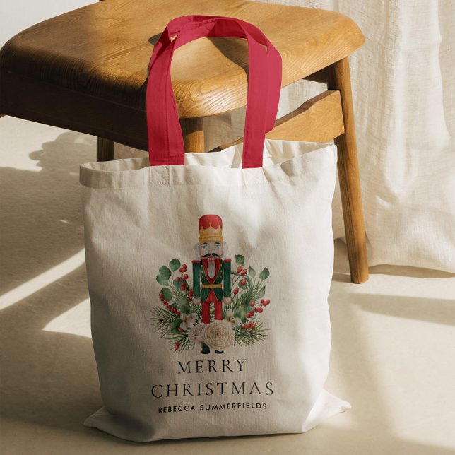 Julens Helgdagar Nutcracker Family Keepsak Tygkasse (Christmas Nutcracker Greenery Red Berries Red Handles Tote Bag)