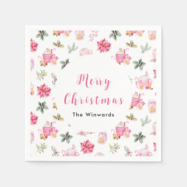 Julens Hett Kakao och Rosa Poinsettias Pappersservett (Framsidan)