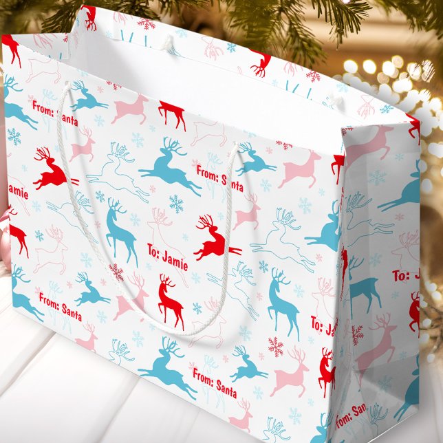 Julens Hjort Nordic Simple Blue Red Custom Name (Christmas Deer Nordic Simple Blue Red Custom Name Large Gift Bag)