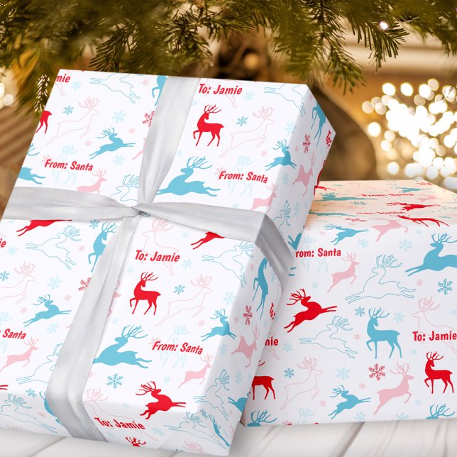 Julens Hjort Nordic Simple Blue Red Custom Name Presentpapper (Christmas Deer Nordic Simple Blue Red Custom Name Wrapping Paper)