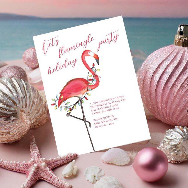 Julens Julfest Cute Rosa Flamingo Inbjudningar (Let's Flamingle holiday invitation with a watercolor pink flamingo)