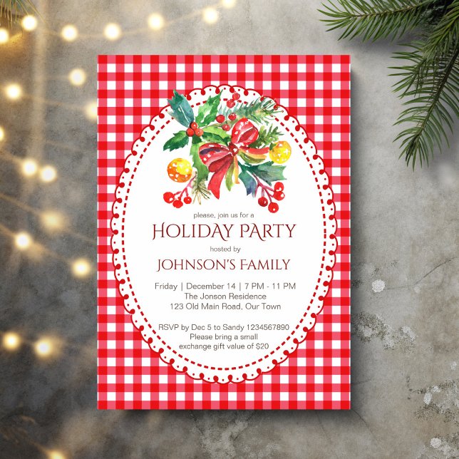 Julens julfest röd gingham gräs inbjudningar (Red gingham retro grand millennial Christmas holiday party invitation cards template)