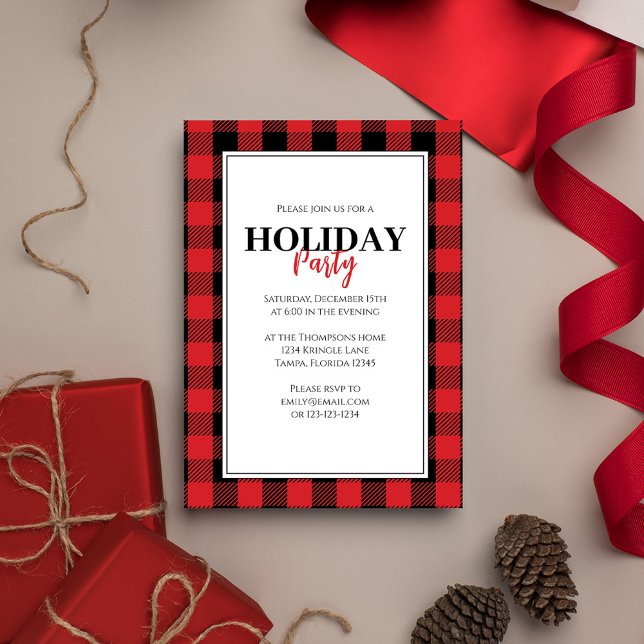 Julens Julfest Rustic Red Buffalo Play Inbjudningar (Holiday red and black buffalo check patterned invitation.)