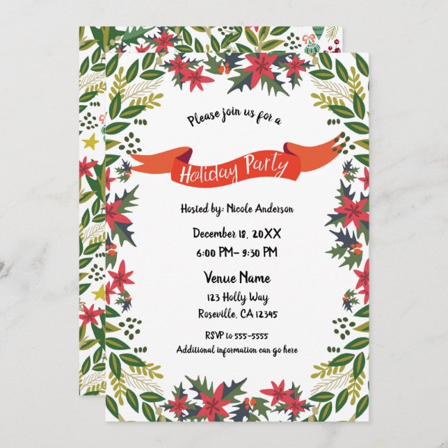 Julens Julfest Viktigt Blommigt Berries Inbjudningar (Fram/baksida)