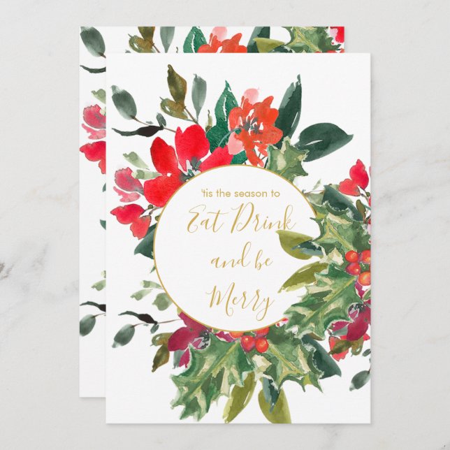 Julens Julhelg Holly Wandan Guld Inbjudningar (Fram/baksida)