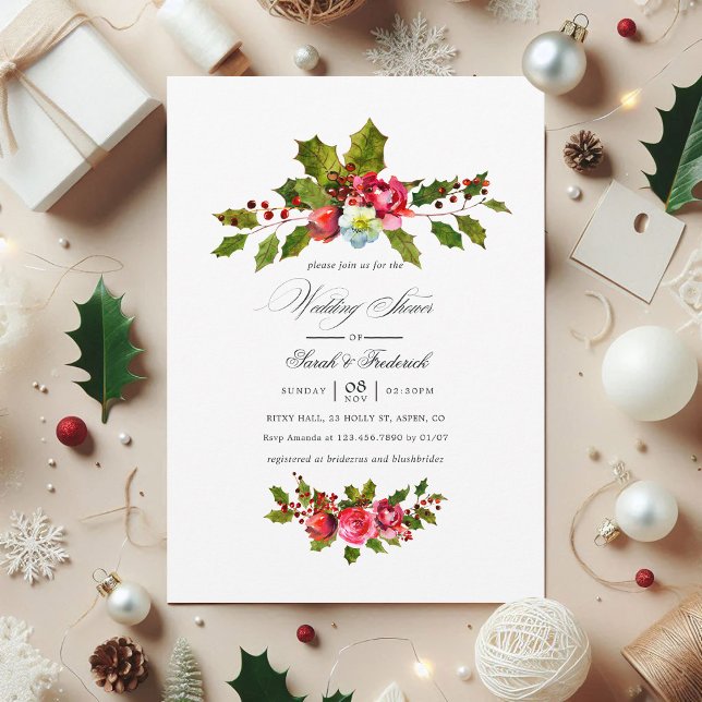 Julens Möhippa Blommigt Holly-inbjudan Inbjudningar (Christmas Wedding Shower Floral Holly Invitation)