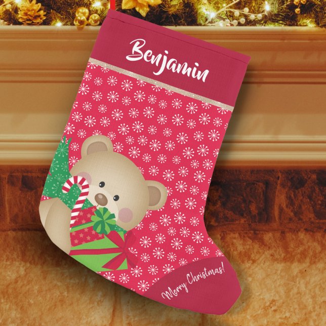 Julens Nalle med Gift och Snöflingor, Röd Liten Julstrumpa (Skapare uppladdad)