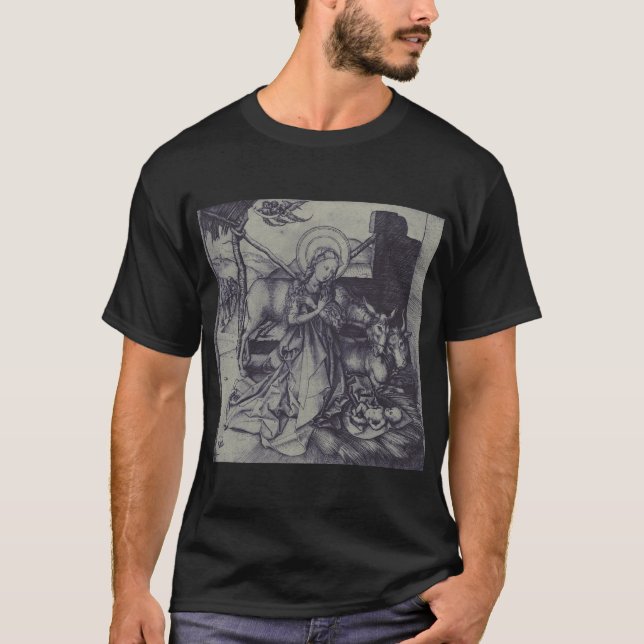 Julens Nativity Stark bläckkonst T Shirt (Framsida)