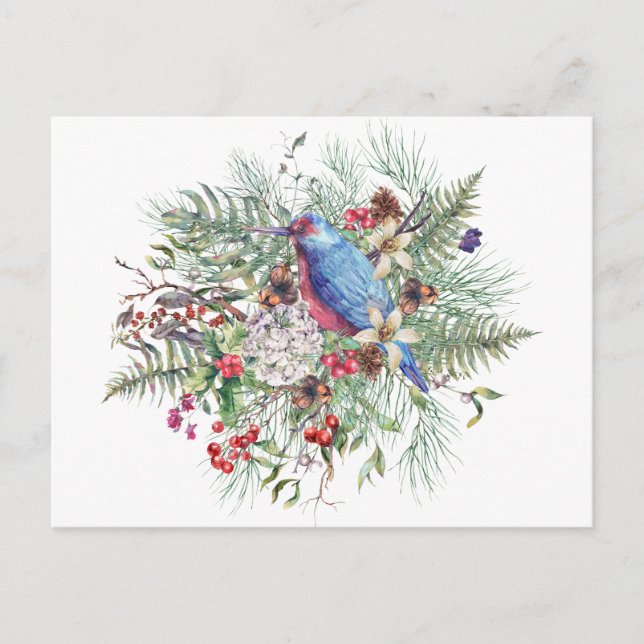 Julens natur Illustration med Bird & Berries Helg Vykort (Framsida)