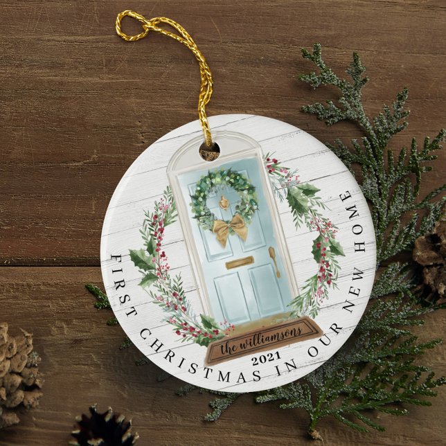 Julens nya hemmabifoto blått vattenfärgsdörr julgransprydnad keramik (Christmas New Home Teal Blue Watercolor Door Photo Ceramic Ornament)