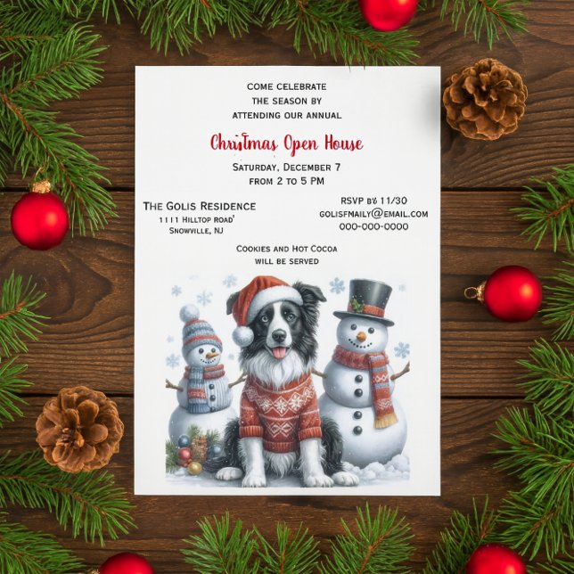 Julens öppen hus med Border Collie & Snömannen  Inbjudningar (	Border Collie Christmas open house invitation with snowman friends)