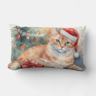 Julens Orange Katt i Santa Hat Watercolor Lumbarkudde