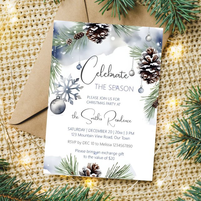 Julens party, gräs inbjudningar (Celebrate the season Christmas dinner party editable template invitation digital download watercolor)