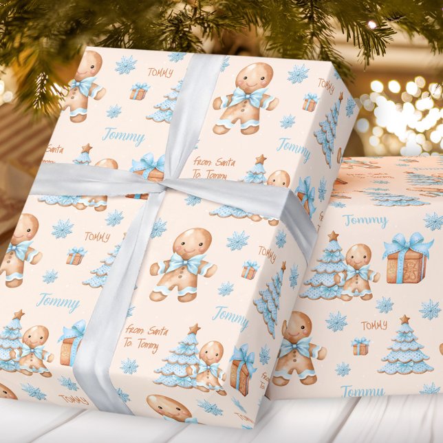 Julens Pepparkaksgubbe Boy Blue Beige Namn Text Presentpapper (Christmas Gingerbread Man Boy Blue Beige Name Text Wrapping Paper)
