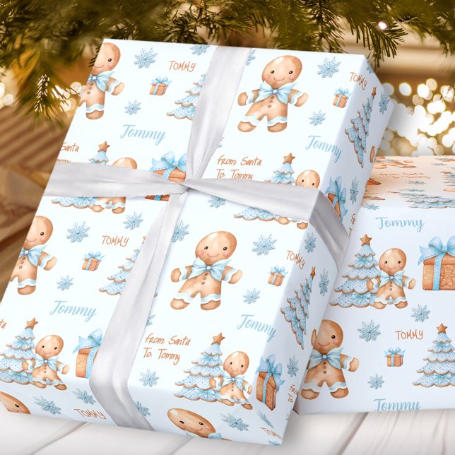 Julens Pepparkaksgubbe Boy Blue Namn Text Presentpapper (Christmas Gingerbread Man Boy Blue Name Text Wrapping Paper)