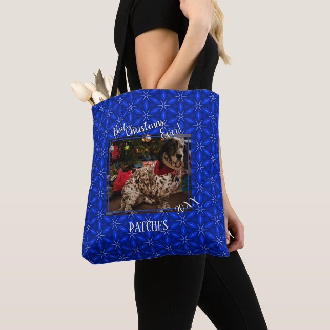 Julens Personlig Pet Photo Blue Poinsettias Tygkasse (Närbild)
