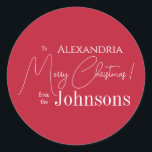 Julens Personlig Red Family Runt Klistermärke<br><div class="desc">Det här är en personlig, modern God jul-design. Det är i feg rött och vitt och har budskapet "Till Alexandra" "God jul! från Johnsons". Idealisk för din julklapp och festen gynnar sälar den här festsäsongen. Om du vill anpassa dig lägger du bara till namn och ditt namn i textrutan Anpassa....</div>