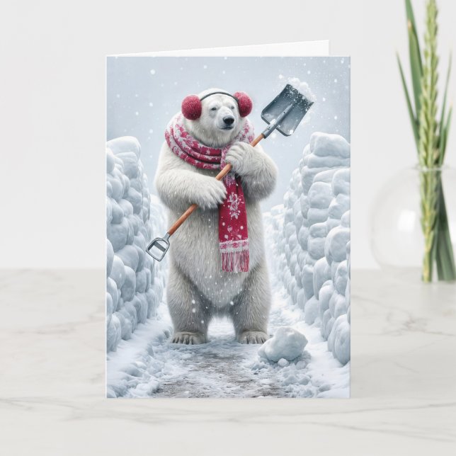 Julens Polar Bear Shoveling Snö Helgkort (Framsida)