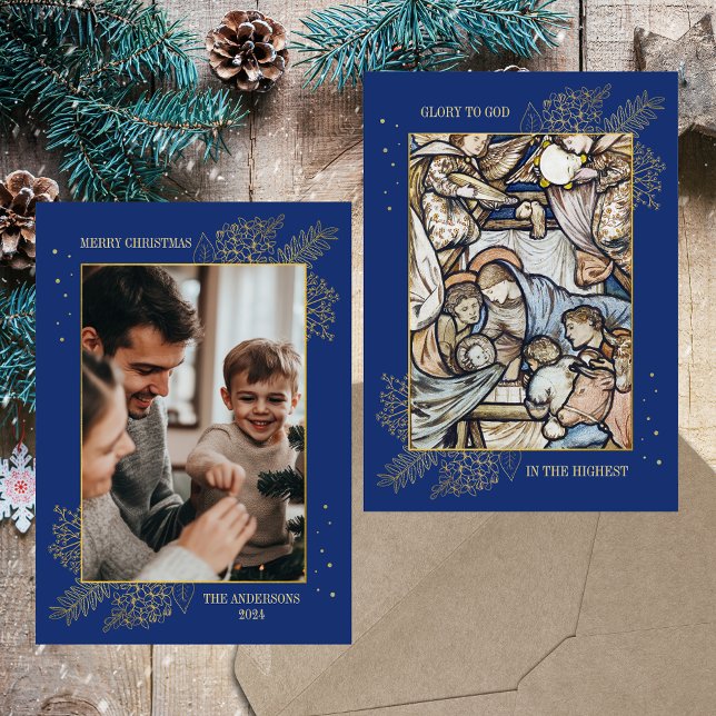 Julens Religiösa Christian Catholique Blue Photo Julkort (Christmas Nativity Religious Christian Catholic Elegant Modern Blue Custom Photo Holiday Card)