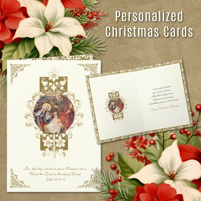 Julens Religiösa Nativitet Jesus Mary Joseph Helgkort (Personalized Religious Vintage Christmas Cards with Scripture and Holy Family)