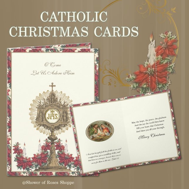 Julens Religiösa Poinsettias Jesus Candles Helgkort (Traditional Catholic Christmas Cards with Eucharist, Scripture, and Holy Rosary, Poinsettias)