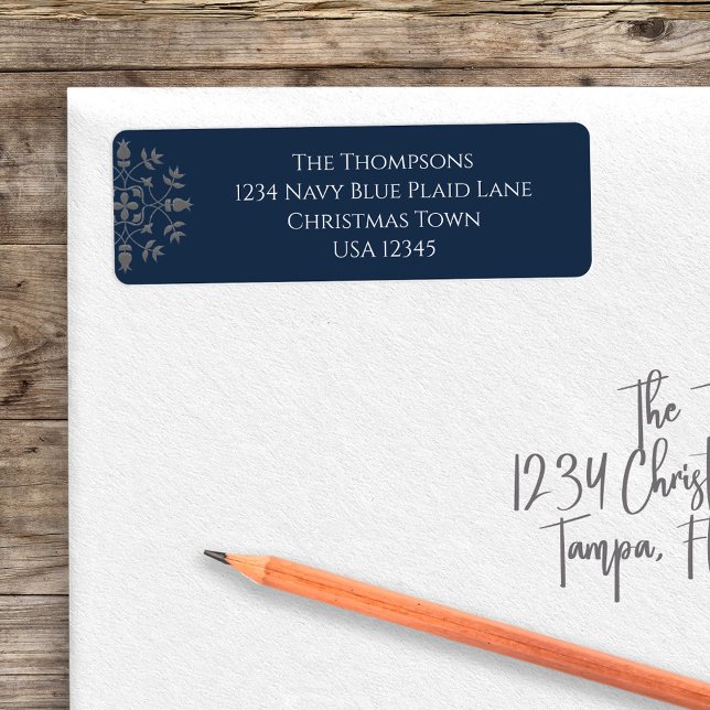 Julens Returadress, marinblått Returadress Etikett (Simple Navy Blue return address label with silver snowflake design)
