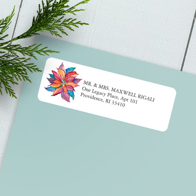 Julens Returetiketter Färgfull botanisk Returadress Etikett (Christmas return address label colorful poinsettia art )