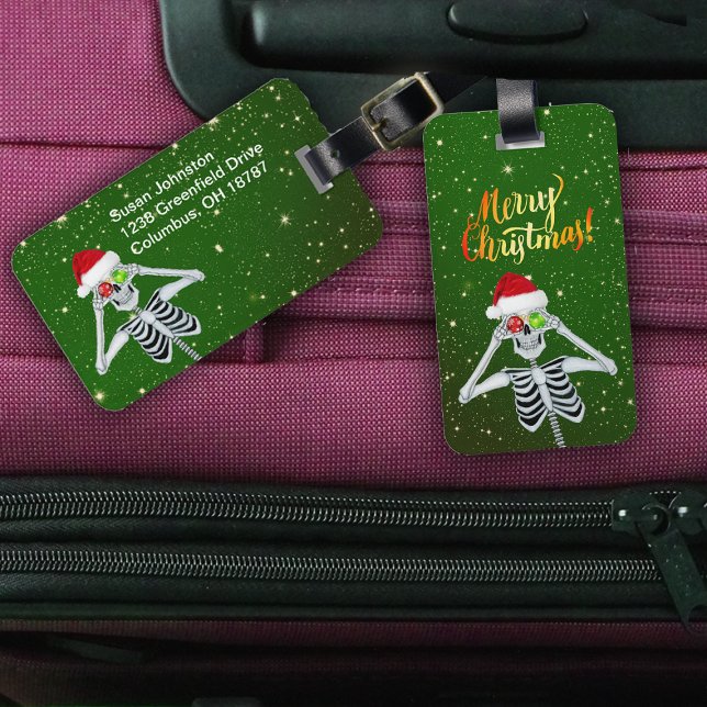 Julens Roligt Skeleton Hat Ornaments Grönt Guld Bagagebricka (Fun Christmas skeleton on green with gold stars on luggage personalized tag.)