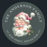 Julens rosa - adressetikett för julretur runt klistermärke<br><div class="desc">Returadressetikett med leende tomt med rosa hatt.</div>