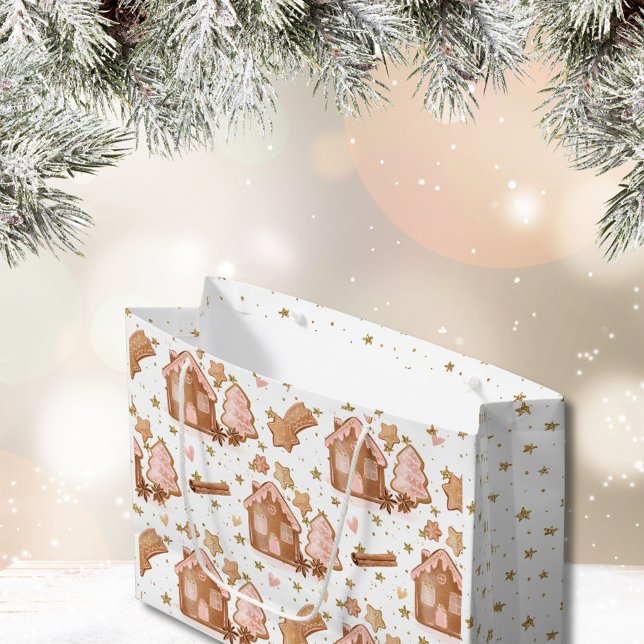 Julens Rosa Brown Gingerbröd Houses Guld Stars (Skapare uppladdad)