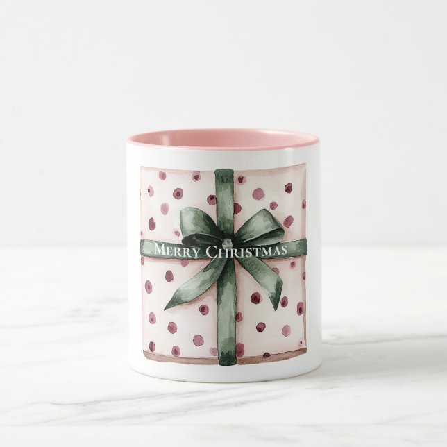 Julens Rosa Dots Grönt Ribbon & Bow Mugg (Center)