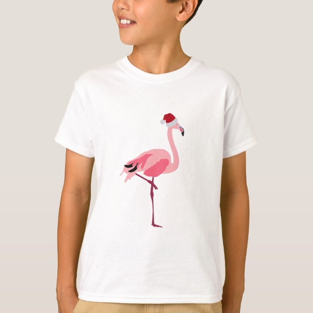 Julens Rosa Flamingo Bird med Santa Hat T Shirt (Framsida)