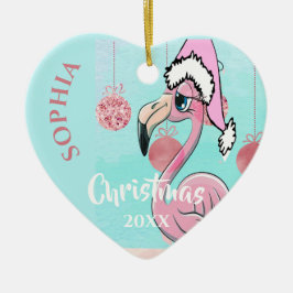 Julens Rosa Flamingo Santa Photo Blue Cute Julgransprydnad Keramik
