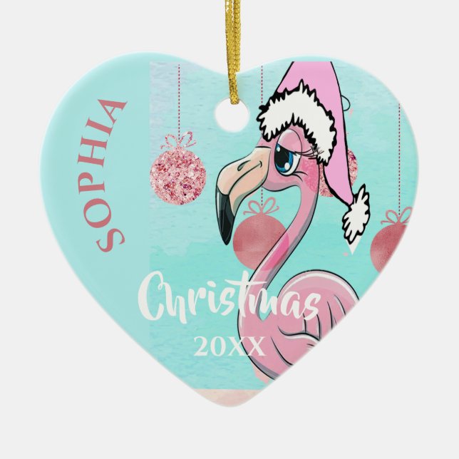 Julens Rosa Flamingo Santa Photo Blue Cute Julgransprydnad Keramik (Framsidan)