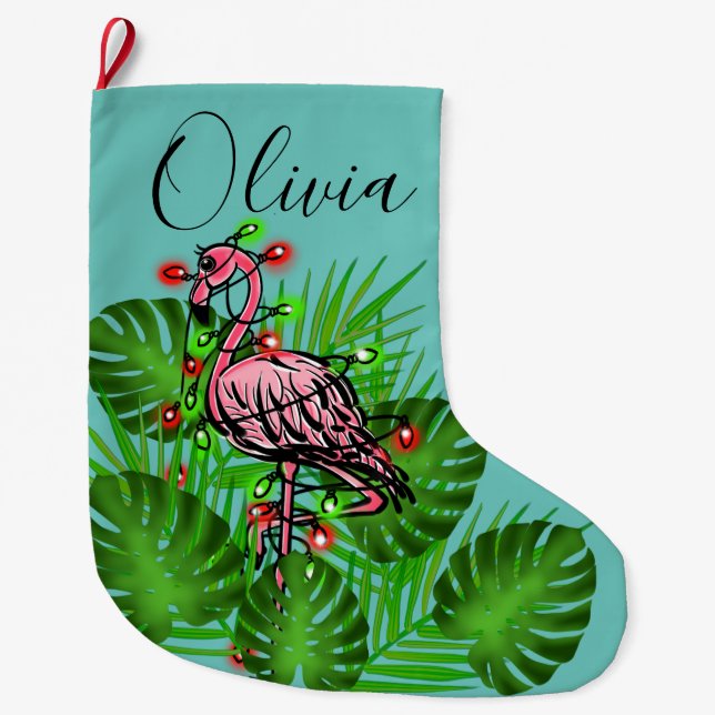 Julens Rosa Flamingo twinkle ljus Stor Julstrumpa (Framsidan)