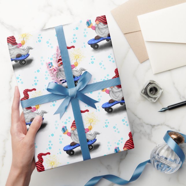 Julens Skater Gnome med Gift Wrapping Papper Presentpapper (Gåvor)