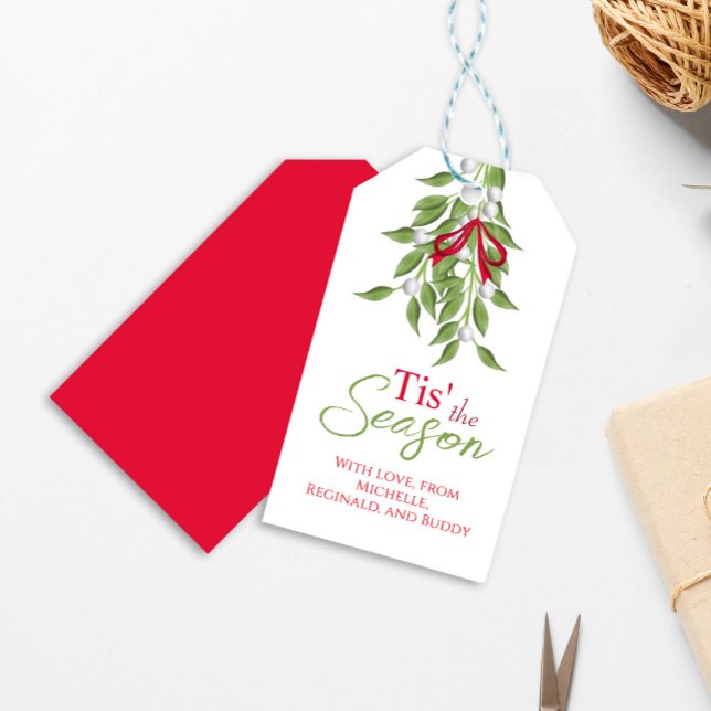 Julens Snyggt Mistletoe Red and Grönt Presentetikett (Merry Mistletoe holiday gift tag. Tis' the Season to be Merry.)