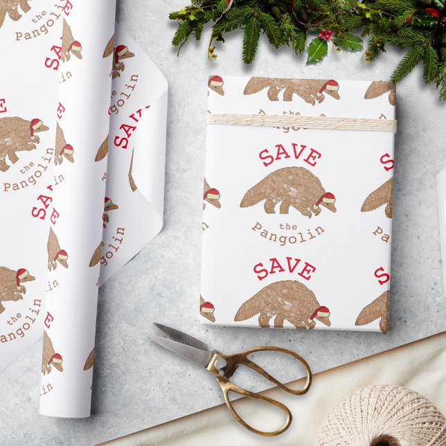 Julens Spara Pangolin Slogan Presentpapper (Christmas pangolin wearing a Santa hat holiday wrapping paper with save the pangolin slogan)