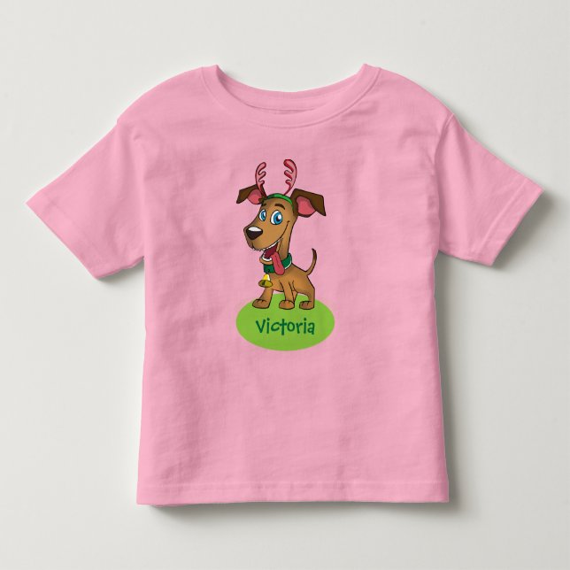 Julens Tecknad Doggie med Barns Namn T Shirt (Framsida)
