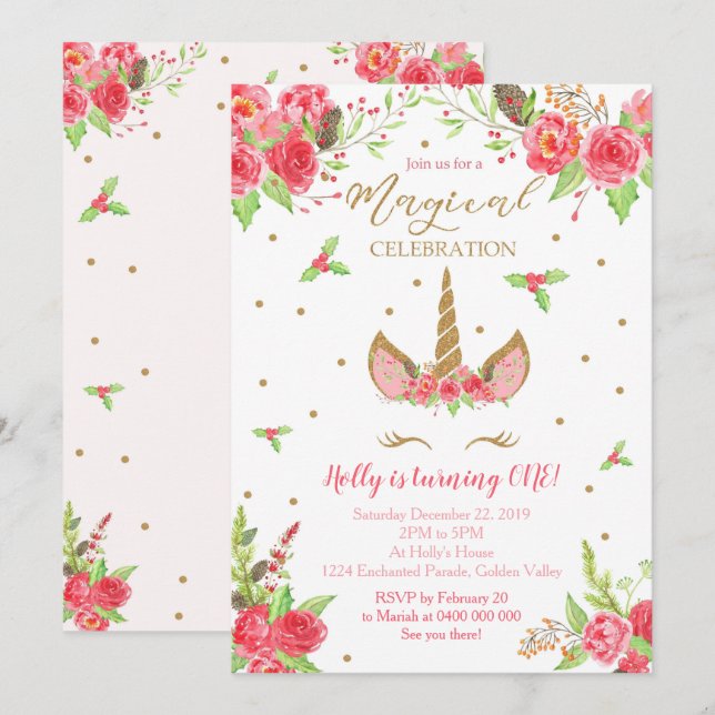 Julens Unicorn Birthday-inbjudan Inbjudningar (Fram/baksida)
