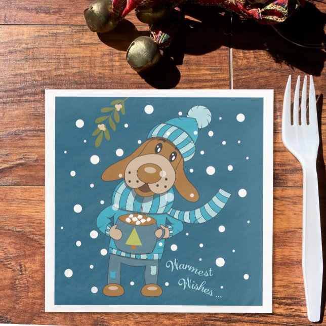 Julens Valp Cute Blue Papper Napkins Pappersservett (Holiday blue napkins with an adorable dog drinking hot cocoa . )