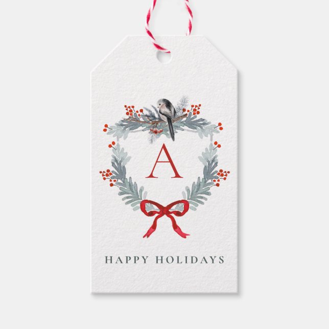 Julens Vapensköld Monogram Red Bow Winter Bird Presentetikett (Framsidan)