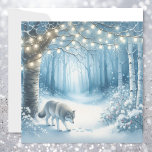 Julens Varg i Magic Enchanted Winter Forest<br><div class="desc">Personligens julkort. Ai-vattenfärgen stil illustrerar en varg sitta på gren i träd i en snö fylld förändrad skogshermark under vintern.</div>