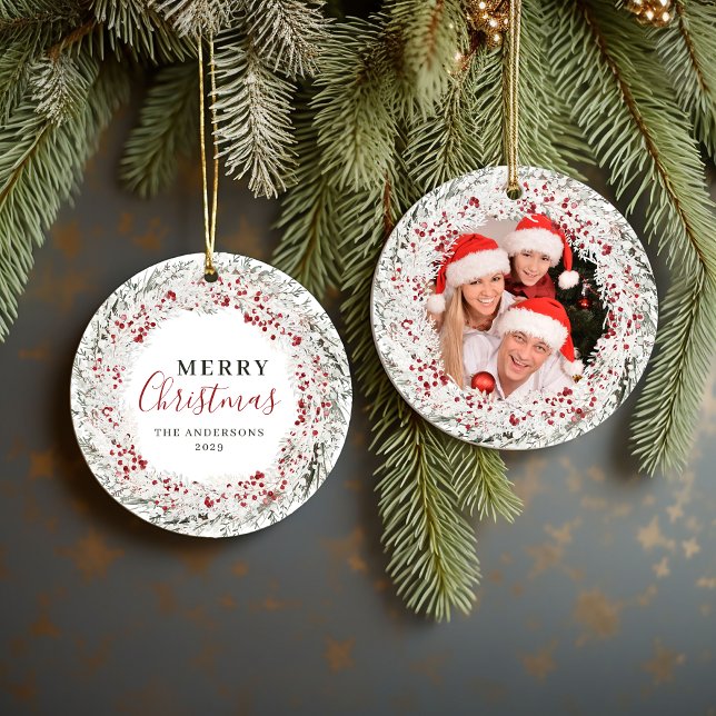Julens vattenfärg Fotokrans Julgransprydnad Keramik (Christmas Watercolor Photo Wreath Ceramic Ornament)