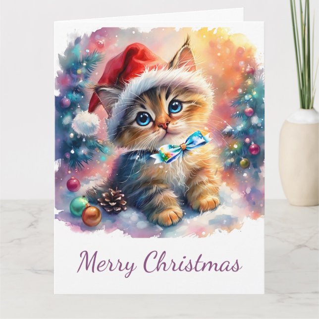 Julens vattenfärg i Precious Kitten med Bow Kort (Framsida)