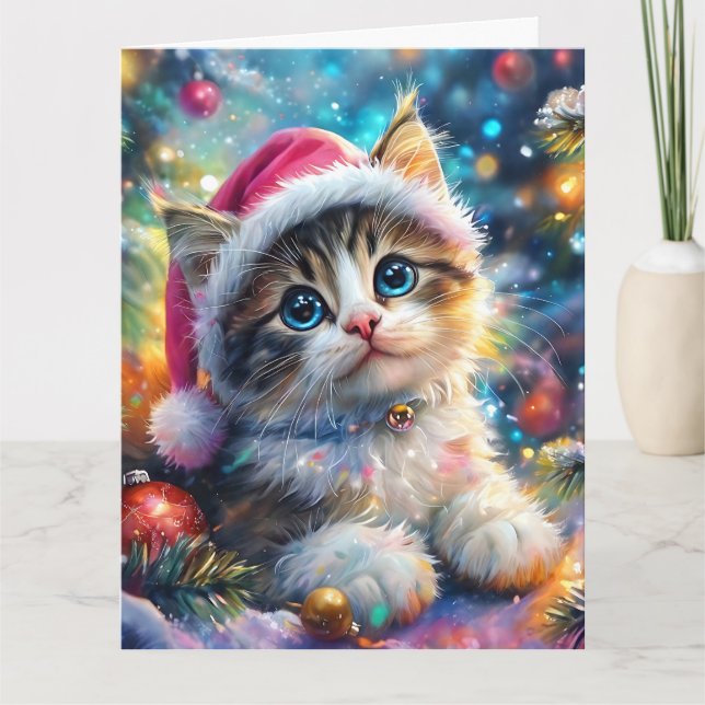 Julens vattenfärg: Sweet Kitten i Rosa Hat Kort (Framsida)