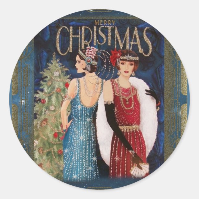 Julens Vintage Art Deco Helgdag Runt Klistermärke (Framsida)