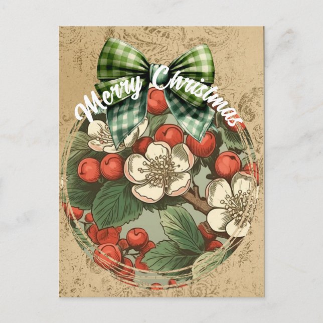 Julens Vintage Blommigt och Berries Collage Vykort (Framsida)